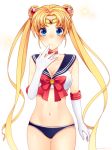  1girl bishoujo_senshi_sailor_moon blonde_hair blue_eyes blue_panties bra choker double_bun elbow_gloves gloves hair_ornament hairpin highres long_hair panties sailor_collar sailor_moon sailor_moon_narikiri_bra_set solo standing tsukino_usagi twintails underwear wakatsuki_you white_background white_gloves 