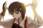  1girl akagi_(kantai_collection) akagi_(kantai_collection)_(cosplay) armor brown_eyes brown_hair headband japanese_clothes kaga_(kantai_collection) kantai_collection kisetsu muneate side_ponytail solo sweat 