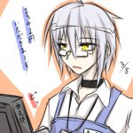  1boy ahoge alternate_costume apron choker collared_shirt contemporary glasses homura_(silver_blaze) male monitor morichika_rinnosuke name_tag outline parted_lips semi-rimless_glasses short_hair silver_hair simple_background solo touhou translation_request under-rim_glasses yellow_eyes 