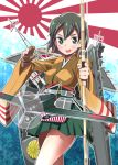  1girl airplane archery arrow bow_(weapon) breasts brown_eyes brown_hair flight_deck hiryuu_(aircraft_carrier) hiryuu_(kantai_collection) japanese_clothes japanese_flag kantai_collection kyuudou long_sleeves nakajima_b5n open_mouth personification quiver ribbon shiden-raiden short_hair side_ponytail single_glove skirt smile torpedo weapon wide_sleeves yugake 