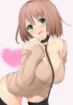  1girl black_legwear blush breasts brown_hair cleavage collar green_eyes large_breasts leash looking_at_viewer off_shoulder open_mouth original ratsuku_kinoko short_hair simple_background smile solo sweater thighhighs tongue tongue_out 
