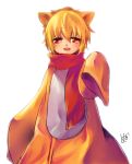  1boy animal_ears blonde_hair hoshigiri lion_ears male open_mouth red_eyes sakutarou scarf sleeves_past_wrists smile umineko_no_naku_koro_ni white_background 