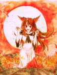  1girl animal_ears bare_shoulders breasts brown_hair collarbone dress fingernails full_moon highres imaizumi_kagerou jewelry long_hair long_sleeves looking_at_viewer momoko_(pixiv219000) moon open_mouth red_eyes solo touhou wolf_ears 