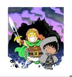  2boys barbarian belt black_hair boots border building cape chibi city clouds fafhrd fafhrd_and_the_gray_mouser gloves gray_mouser hamada_jun&#039;ichi hand_on_own_chin headband instrument lankhmar leg_armor lute_(instrument) monster multiple_boys no_nose open_mouth redhead silhouette star sword weapon yellow_eyes 