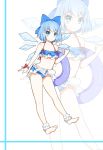  1girl absurdres ankle_cuffs bikini bikini_skirt blue_bikini blue_eyes blue_hair bow cirno collarbone flat_chest frilled_bikini frills greetload hair_bow highres ice ice_wings innertube navel solo swimsuit touhou wings wrist_ribbon zoom_layer 