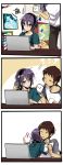  2boys 4koma brown_eyes brown_hair casual comic computer cup genderswap grey_hair headphones highres hug kurese_(speedy_rain) kyon laptop male mug multiple_boys nagato_yuuki short_hair suzumiya_haruhi_no_yuuutsu 