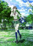  1girl absurdres adjusting_glasses bag blue_legwear bowtie brown_hair clouds cloudy_sky coppelion glasses grass green_eyes green_skirt highres house ivy kneehighs loafers miniskirt nature nomura_taeko official_art outdoors overgrown pale_skin plaid plaid_skirt plant pleated_skirt power_lines red-framed_glasses road_sign ruins scenery school_uniform shoes short_ponytail shoulder_bag sign skirt sky sleeves_rolled_up solo standing_on_one_leg striped striped_bowtie sweater_vest traffic_light tree 