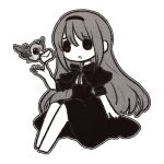  1girl akemi_homura black_hair fc_(efushii) funeral_dress hairband letter liese_(madoka_magica) long_hair lowres mahou_shoujo_madoka_magica mahou_shoujo_madoka_magica_movie monochrome simple_background sitting solid_circle_eyes solo spoilers white_background 