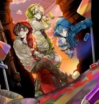  1girl 2boys alternate_costume artist_request black_eyes black_hair blue_eyes blue_hair ene_(kagerou_project) floating grin headphones highres hoodie jersey kagerou_project kisaragi_shintarou konoha_(kagerou_project) looking_at_viewer multiple_boys paint paint_roller paint_splatter red_eyes short_hair smile spray_can sunset twintails white_hair 