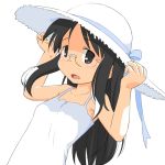  1girl armpits bare_shoulders black_eyes black_hair collarbone dress glasses hat leaning_back long_hair looking_at_viewer minakami_mai nichijou open_mouth simple_background solo straw_hat sundress tomboo white_background 