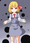  1girl blonde_hair blouse darkness grey_background hair_ribbon highres red_eyes ribbon rumia short_hair simple_background skirt smile touhou vest you_shugyouchuu 