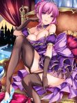  1girl breasts cleavage detached_collar gloves high_heels looking_at_viewer moneti_(daifuku) purple_hair solo thighhighs tiara violet_eyes 