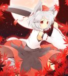  1girl animal_ears autumn_leaves bare_shoulders blush detached_sleeves ellipsis_(mitei) full_moon hat highres inubashiri_momiji leaf looking_at_viewer moon open_mouth pom_pom_(clothes) red_eyes red_moon shirt short_hair silver_hair skirt solo sword tail tokin_hat touhou weapon wolf_ears wolf_tail 