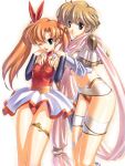  2girls blonde_hair brown_eyes green_eyes langrisser leotard multiple_girls orange_hair sofia tiaris_(langrisser) twintails uchiu_kazuma urushihara_satoshi 