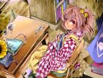  1girl apron bell book book_hug bookshelf bowl brick_floor chair checkered_dress cup cushion desk fingernails from_above glasses glasses_removed hair_bell hair_ornament highres holding holding_book looking_at_viewer motoori_kosuzu nmknf_(mkn) phonograph red_eyes redhead scroll short_hair sitting smile solo touhou tsukumogami twintails vase 