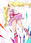  1girl ass blonde_hair boots cure_peach fresh_precure! hair_ornament heart_hair_ornament joy_ride long_hair looking_at_viewer looking_back magical_girl momozono_love panties pantyshot pantyshot_(standing) pink_eyes precure skirt standing twintails underwear upskirt 