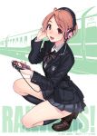  1girl blazer bow brown_eyes brown_hair digital_media_player hand_on_headphones headphones looking_at_viewer open_mouth original school_uniform short_hair skirt solo squatting train vania600 