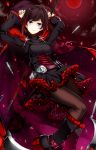  1girl arms_up boots brown_hair cape cross dress highres koko_shiguma looking_at_viewer moon pantyhose petals ruby_rose rwby scythe short_hair solo star 