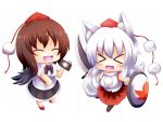 &gt;_&lt; 2girls animal_ears bare_shoulders black_wings blush book breasts brown_hair camera chibi closed_eyes detached_sleeves fang happy hat highres inubashiri_momiji looking_at_viewer multiple_girls oohirakeisuke open_mouth pom_pom_(clothes) shameimaru_aya shield shirt short_hair silver_hair smile sword tail tokin_hat touhou weapon white_shirt wings wolf_ears wolf_tail 
