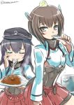  2girls akatsuki_(kantai_collection) armor black_hair brown_eyes brown_hair closed_eyes cosplay curry food hat headband kantai_collection kurono_tokage long_hair multiple_girls short_hair skirt smile spoon taihou_(kantai_collection) taihou_(kantai_collection)_(cosplay) 