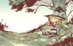  1girl apron blonde_hair blue_eyes boots bow braid broom eating forest frills hair_bow hair_ornament hat hat_ribbon kirisame_marisa long_hair mushroom nature puffy_sleeves ribbon shirt short_sleeves side_braid single_braid sitting skirt skirt_set sky smile solo touhou tree tree_shade vest waist_apron witch_hat zounose 