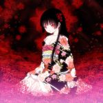  1girl bangs black_hair blunt_bangs breasts cleavage enma_ai floral_background floral_print flower flower_on_head hair_ornament hime_cut japanese_clothes jigoku_shoujo kimono long_hair red_eyes small_breasts solo spider_lily yasuyuki 