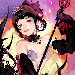  1girl black_gloves black_hair black_princess bow coida collar earrings gloves hair_bow heart heart_earrings jewelry necklace realistic red_eyes short_hair six_heart_princess smile solo tiara 