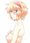 1girl alice_margatroid bespectacled blonde_hair blue_eyes blush bust glasses hairband highres looking_at_viewer naked_shirt non_(z-art) simple_background solo touhou white_background 