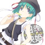  1girl alternate_costume belt blue_eyes bracelet bust casual chemise cl_(h-sys.) collarbone crepe eating green_hair hat hat_ribbon jewelry looking_at_viewer necklace ribbon shiki_eiki sleeveless sleeveless_shirt solo touhou 