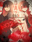  2boys artist_request bags_under_eyes black_eyes black_hair character_name dual_persona hoodie jersey kagerou_project kisaragi_shintarou looking_at_viewer multiple_boys outstretched_hand paint paint_splatter short_hair smile smirk spray_can 