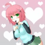  1girl blush breasts chocolate chocolate_heart green_eyes hands_on_own_chest heart holding large_breasts looking_at_viewer original pink_hair short_hair smile solo yani_tama 