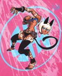    1girl absurdres animal_ears blue_eyes breasts cat_ears cat_tail dark_skin domenic_romano highres marker_(medium) midriff nadia_fortune scar severed_head short_hair skullgirls solo tail traditional_media under_boob white_hair 