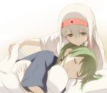  2girls black_eyes blanket closed_eyes green_hair hair_ribbon hairband highres japanese_clothes kantai_collection kisetsu long_hair multiple_girls pillow ribbon shoukaku_(kantai_collection) sleeping smile twintails white_hair zuikaku_(kantai_collection) 