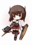  1girl blush bow_(weapon) brown_eyes brown_hair chibi cocozasa crossbow headband holding kantai_collection looking_at_viewer short_hair simple_background smile solo tagme taihou_(kantai_collection) weapon 
