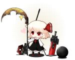 1girl axe blonde_hair chibi cocozasa flail hair_ornament hair_ribbon heart highres holding open_mouth red_eyes ribbon rumia scythe short_hair simple_background smile solo sparkle sword tagme touhou weapon 