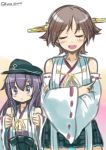  2girls akatsuki_(kantai_collection) bare_shoulders black_hair blue_eyes brown_eyes closed_eyes cosplay crossed_arms fang hairband hat hiei_(kantai_collection) hiei_(kantai_collection)_(cosplay) kantai_collection kurono_tokage long_hair multiple_girls nontraditional_miko open_mouth short_hair skirt smile wide_sleeves 