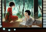  1boy 1girl black_hair brown_hair drawings ink japanese_clothes kimono moekon mushishi paintbrush renzu_(mushishi) shinra_(mushishi) short_hair smile tree 