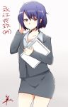  1girl file formal nagae_iku office_lady purple_hair red_eyes short_hair solo suit touhou tsukigi 
