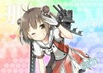  1girl brown_eyes brown_hair double_bun gloves kantai_collection naka_(kantai_collection) one_eye_closed personification short_hair sky_(freedom) solo wink 