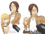  2girls blonde_hair blue_eyes christa_renz freckles jacket maskjoker7 multiple_girls ponytail shingeki_no_kyojin short_hair tagme ymir_(shingeki_no_kyojin) 