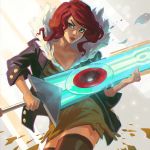  1girl blue_eyes huge_weapon ilya_kuvshinov lips red_(transistor) redhead solo sword thigh-highs transistor_(game) weapon 