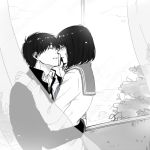  1boy 1girl black_hair blush chibi_maruko-chan closed_eyes couple curtains hetero incipient_kiss monochrome older oono_kenichi sakura_momoko school_uniform serafuku short_hair teenage yuzudrop 