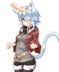  1girl animal_ears belt blue_hair cat_ears cat_tail clenched_hands disembodied_limb fur_trim jacket long_sleeves one_eye_closed original pantyhose petting ribbed_sweater ryota_tentei scar short_hair shorts solo sweater tail wide_sleeves yellow_eyes 