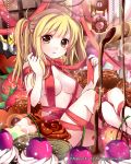  1girl blonde_hair breasts brown_eyes cherry chocolate cleavage cookie doughnut food fruit heart long_hair naked_ribbon original ribbon solo strawberry tin_(wsp85205) twintails 