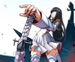  1girl black_hair darkers dress epaulettes foreshortening frown highres junketsu kill_la_kill kiryuuin_satsuki long_hair solo sword weapon 