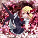  1girl black_legwear blonde_hair bow darkness hair_bow hair_ribbon kayama_benio light_particles looking_at_viewer open_mouth outstretched_arm petals red_eyes ribbon rumia short_hair skirt smile solo touhou 