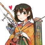  1girl archery arrow bow_(weapon) breasts brown_eyes brown_hair flight_deck hiryuu_(kantai_collection) itomugi-kun japanese_clothes kantai_collection kyuudou one_eye_closed personification quiver radio_antenna short_hair side_ponytail single_glove smile solo weapon wink yugake 