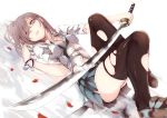  1girl bracelet glasses hair_ornament hairclip jewelry katana leaf looking_at_viewer maroon_hair open_mouth original pink_eyes skirt solo sword thigh-highs torn_clothes torn_thighhighs touma_raito weapon zettai_ryouiki 