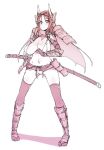  1girl armor bikini_armor breasts hair_ribbon horns large_breasts long_hair maze_(gochama_ze_gohan) monochrome original ribbon simple_background sketch solo standing sword thigh-highs weapon white_background 