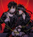  1boy 1girl artist_request azami_(kagerou_project) black_hair choker dark_konoha dark_persona facial_mark headphones kagerou_project long_hair looking_at_viewer medusa monster_girl ponytail red_background red_eyes scales short_hair short_ponytail slit_pupils smile string yellow_eyes 